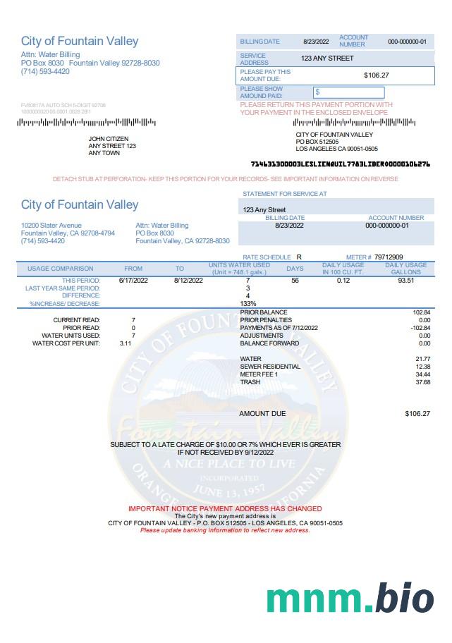Usa California City of Fountain Valley rachunek za media szablon w formacie Word i PDF